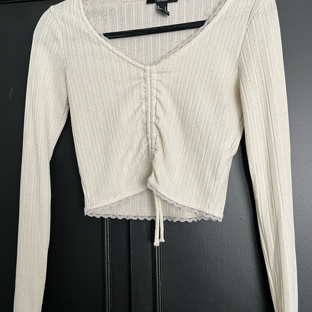 Cream V-Neck Long Sleeve Top